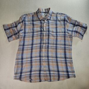 Peter Millar Linen Shirt Large Blue Orange Plaid Short Sleeve